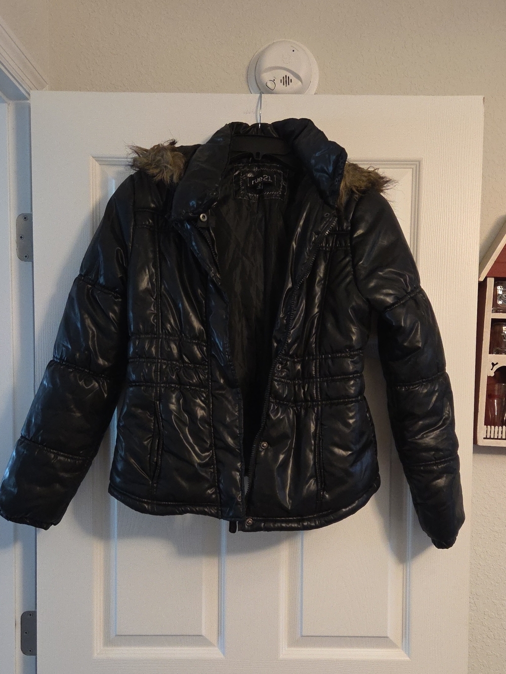 Rue21 Black Faux Leather Puffer Jacket with Fur-Trim Hood